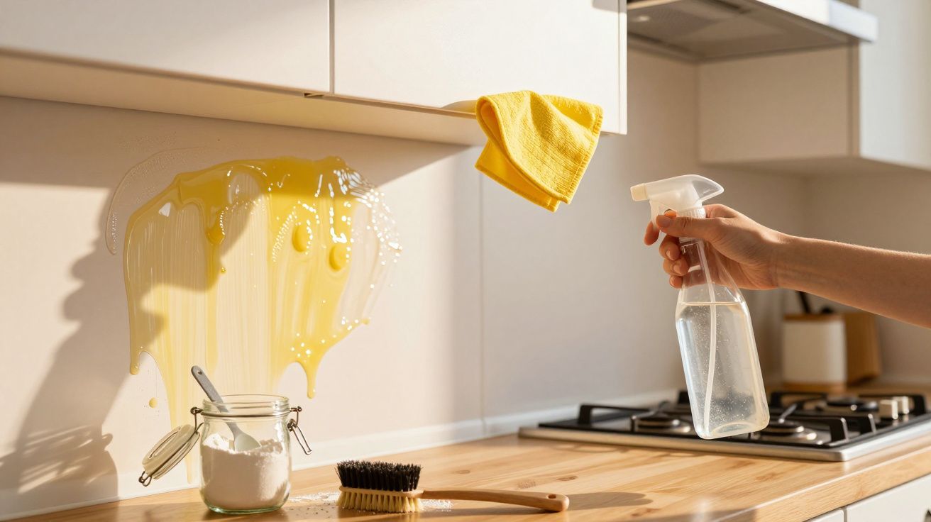 Pessoa a limpar um derrame amarelo na parede da cozinha com spray e pano amarelo.