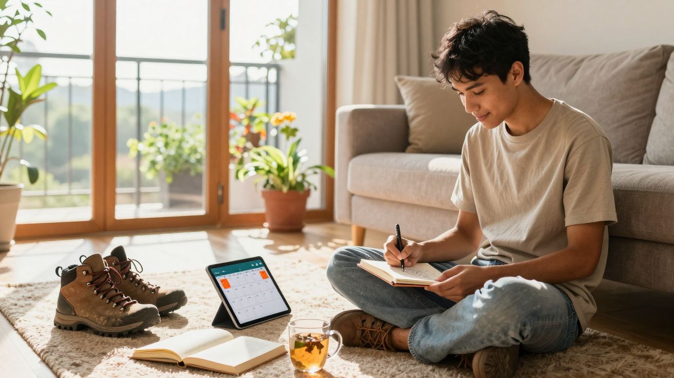 Jovem sentado no chão de uma sala a escrever num caderno com tablet, botas de caminhada e chá ao lado.