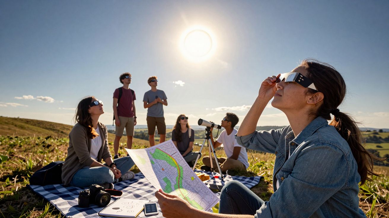 Grupo de seis pessoas em campo aberto observa o sol com óculos especiais e equipamento de astronomia durante o dia.
