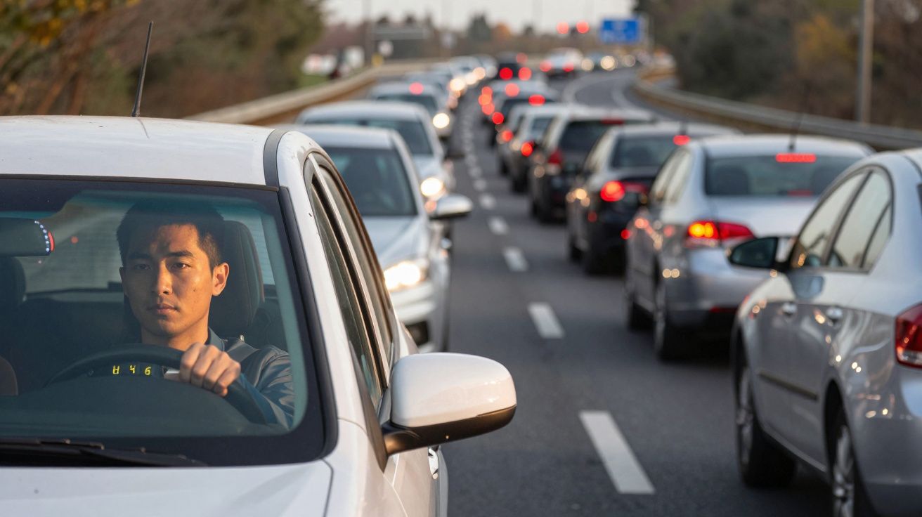 Homem sério ao volante de carro branco em trânsito lento numa estrada com vários veículos parada.