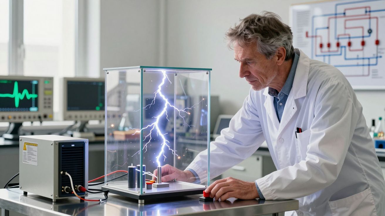 Cientista idoso observa descargas elétricas em equipamento transparente num laboratório moderno.