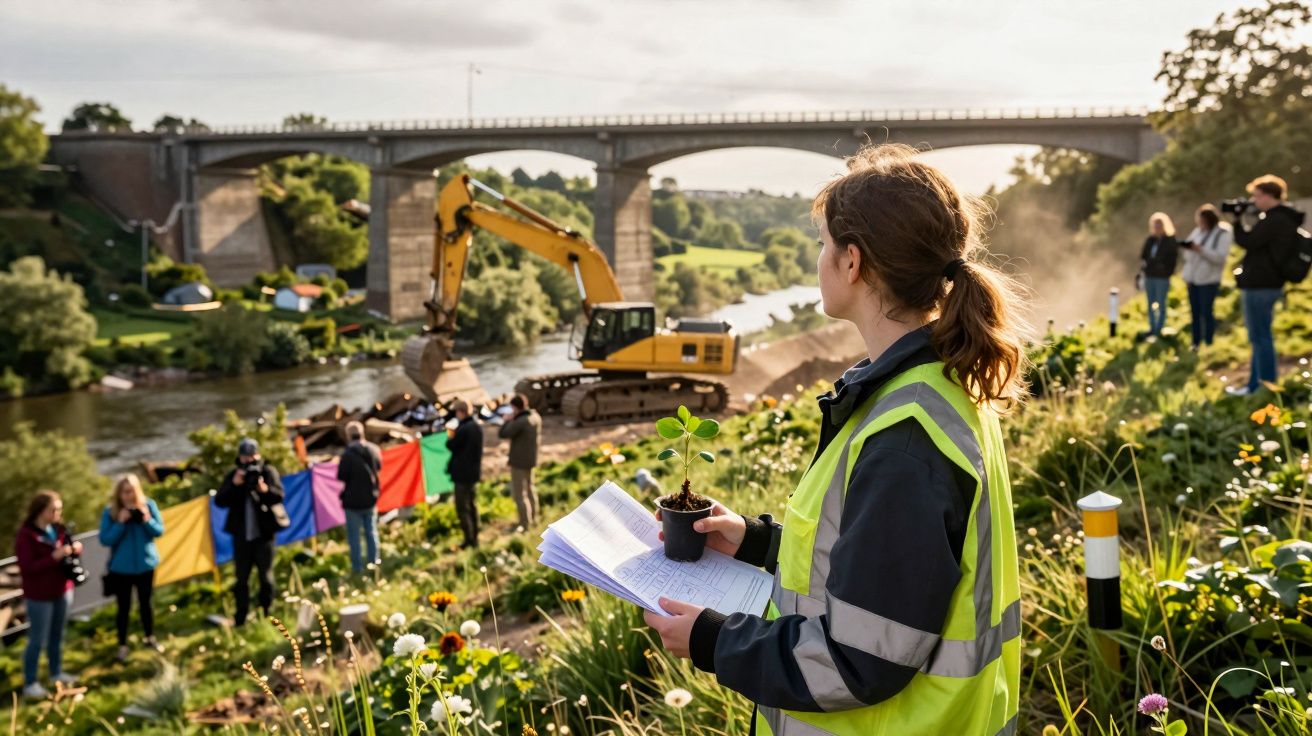 Mulher com colete refletor segura planta em vaso junto a grupo e escavadora perto de rio e ponte.