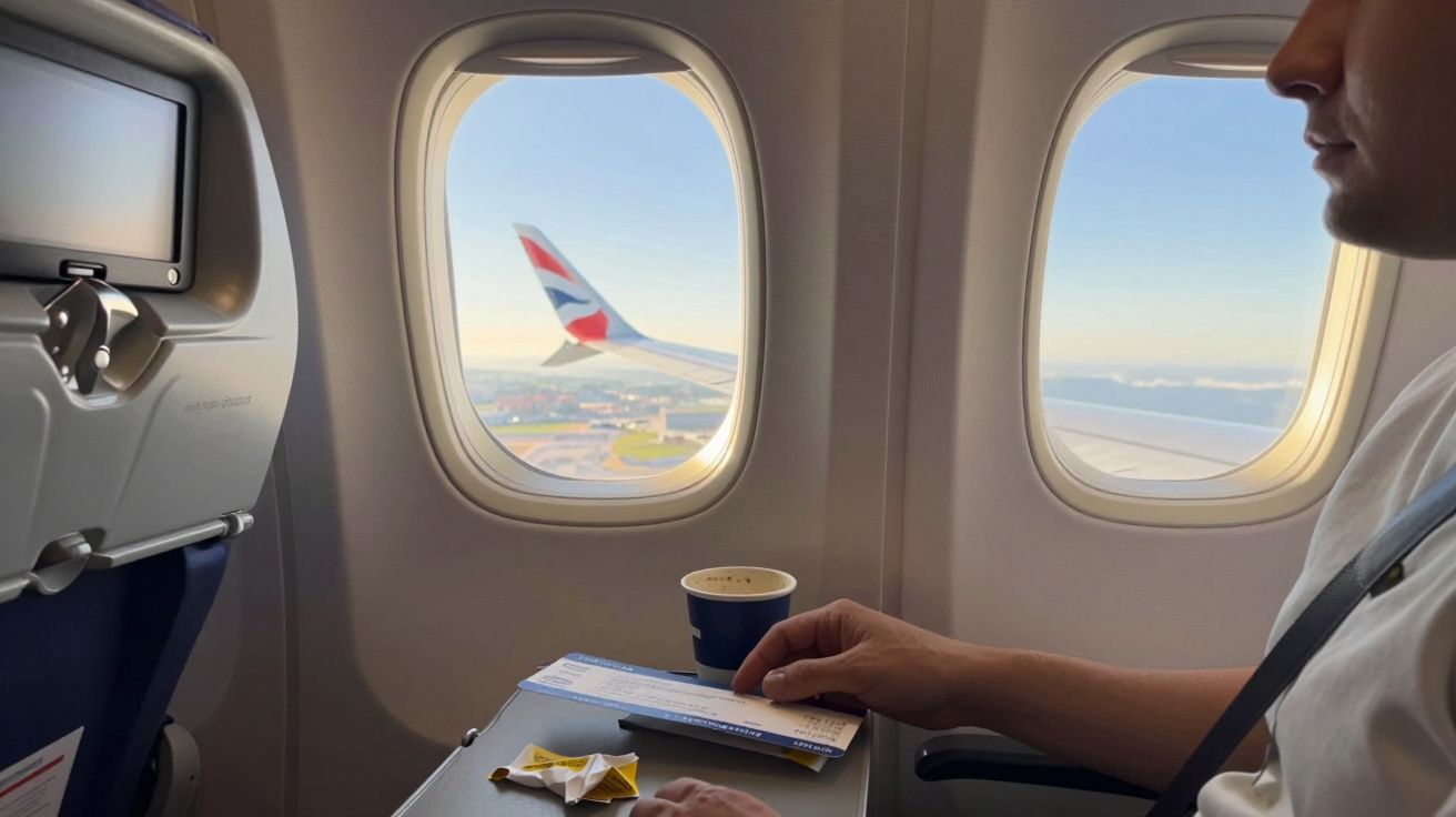 Passageiro dentro de avião olhando pela janela com bilhete, café e açúcar na mesa dobrável.