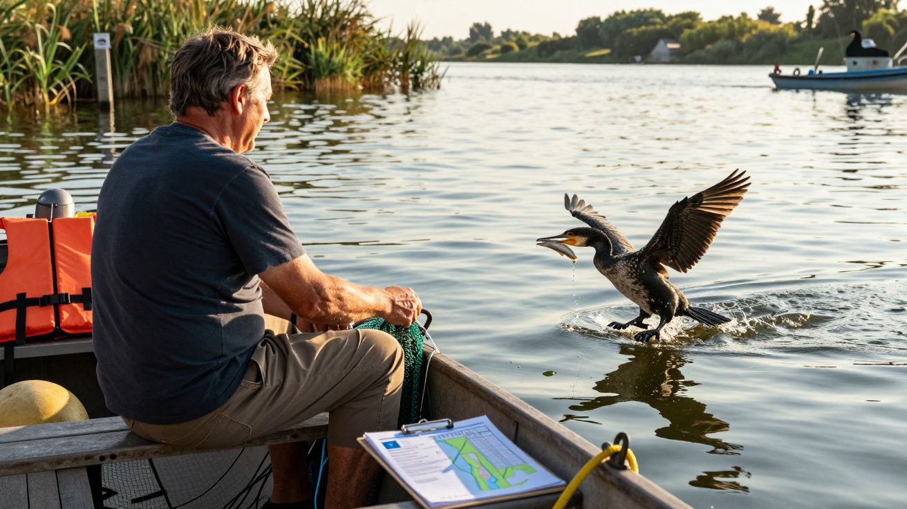 Homem numa canoa pesca enquanto um cormorão levanta voo com um peixe na água calma.