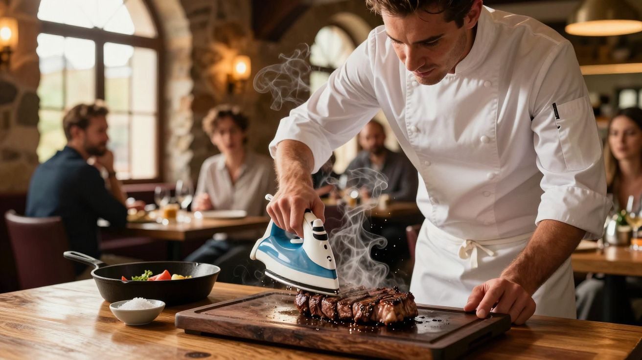 Chef a esquentar um bife fumegante com um ferro de passar roupa numa tábua de madeira.