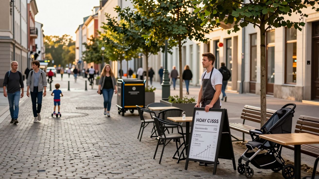Homem com avental anuncia menu em rua pedonal com mesas e cadeiras de café, pessoas passam a pé.