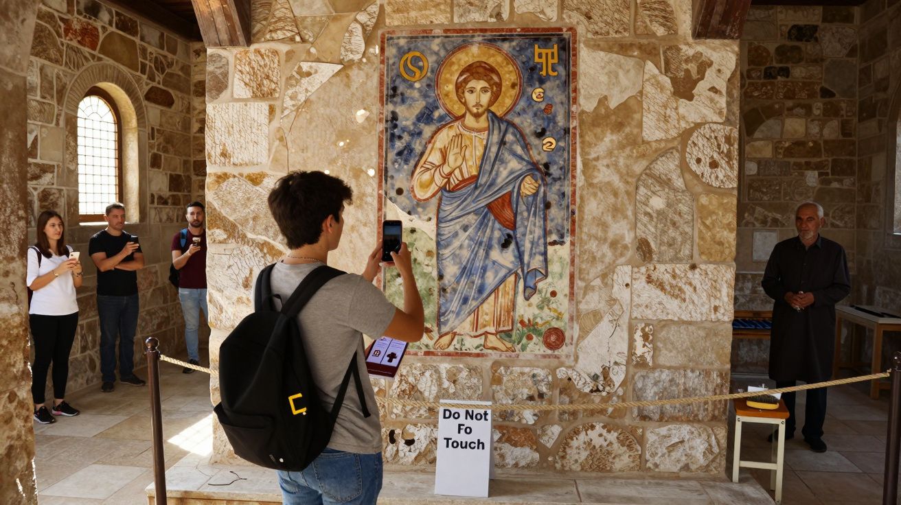 Visitantes tiram fotos a fresco cristão antigo numa parede de pedra, com aviso de não tocar.