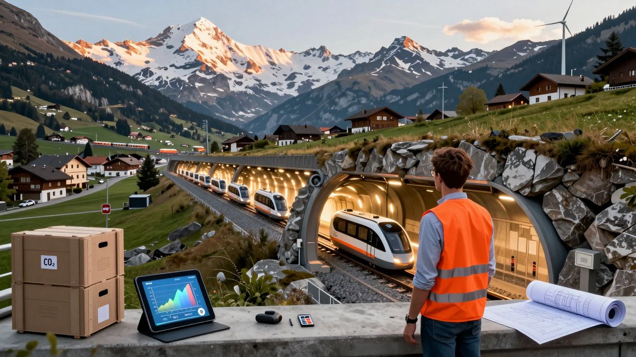 Homem com colete refletor observa comboios elétricos num túnel de montanha com neve ao fundo.