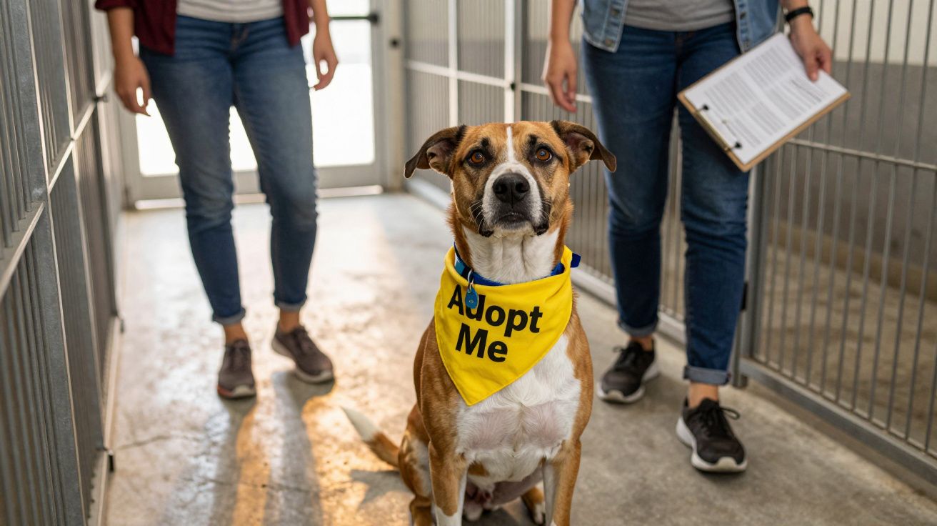 Cão com bandana amarela de “Adopt Me”, sentado num abrigo com duas pessoas ao fundo.