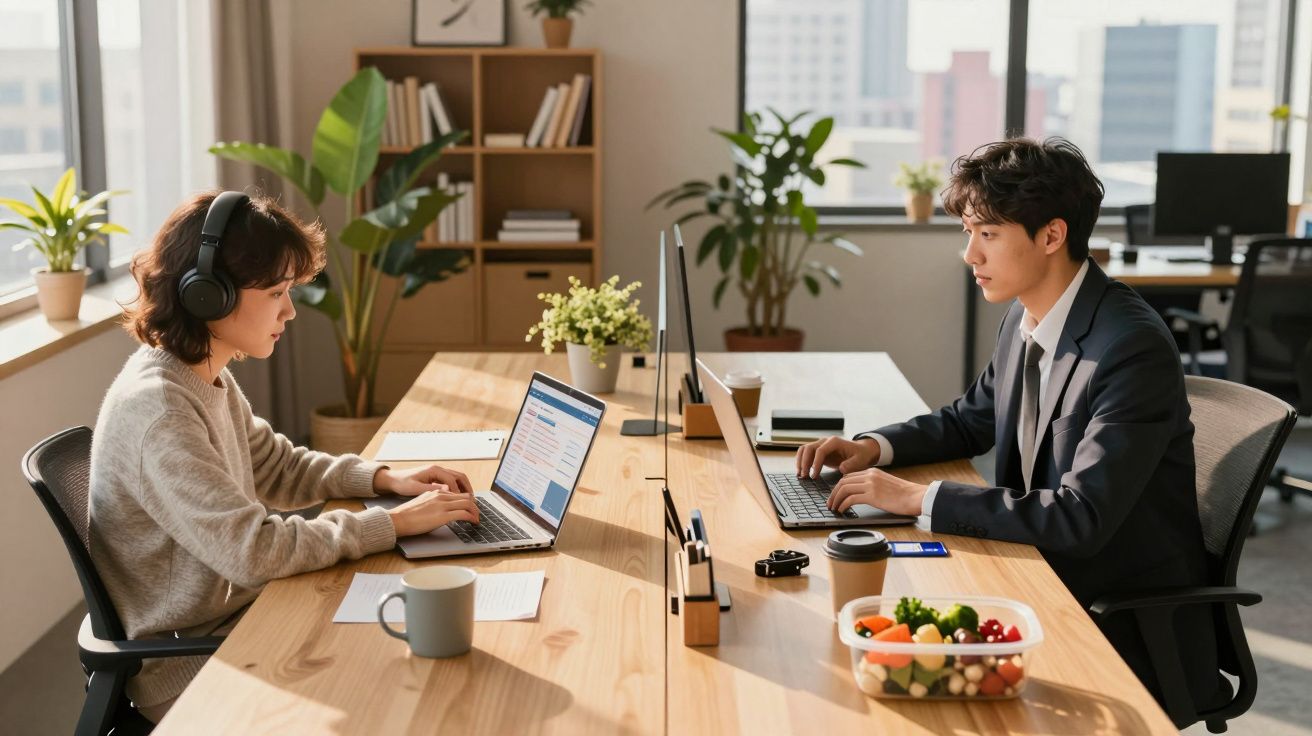 Duas pessoas a trabalhar em computadores portáteis numa mesa partilhada num escritório com plantas e janelas grandes.