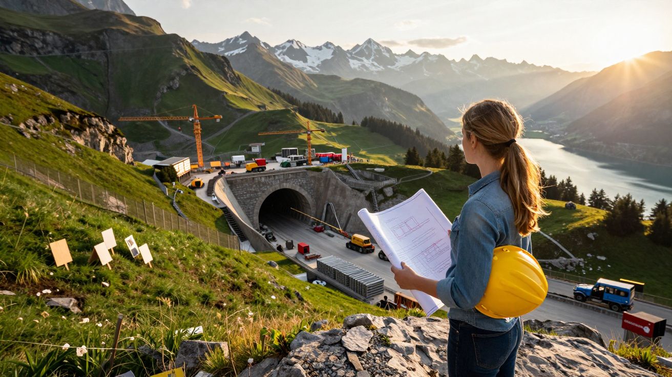 Engenheira com capacete e plantas observa obras de túnel na montanha ao pôr do sol.