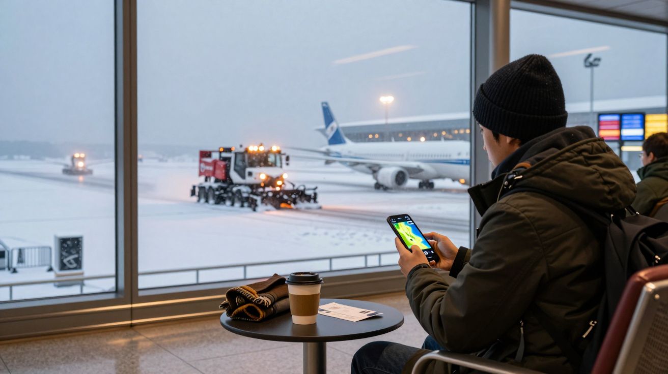 Pessoa sentada no aeroporto, com café e bilhete na mesa, usando telemóvel, avião e máquinas a limpar neve visíveis do lado de