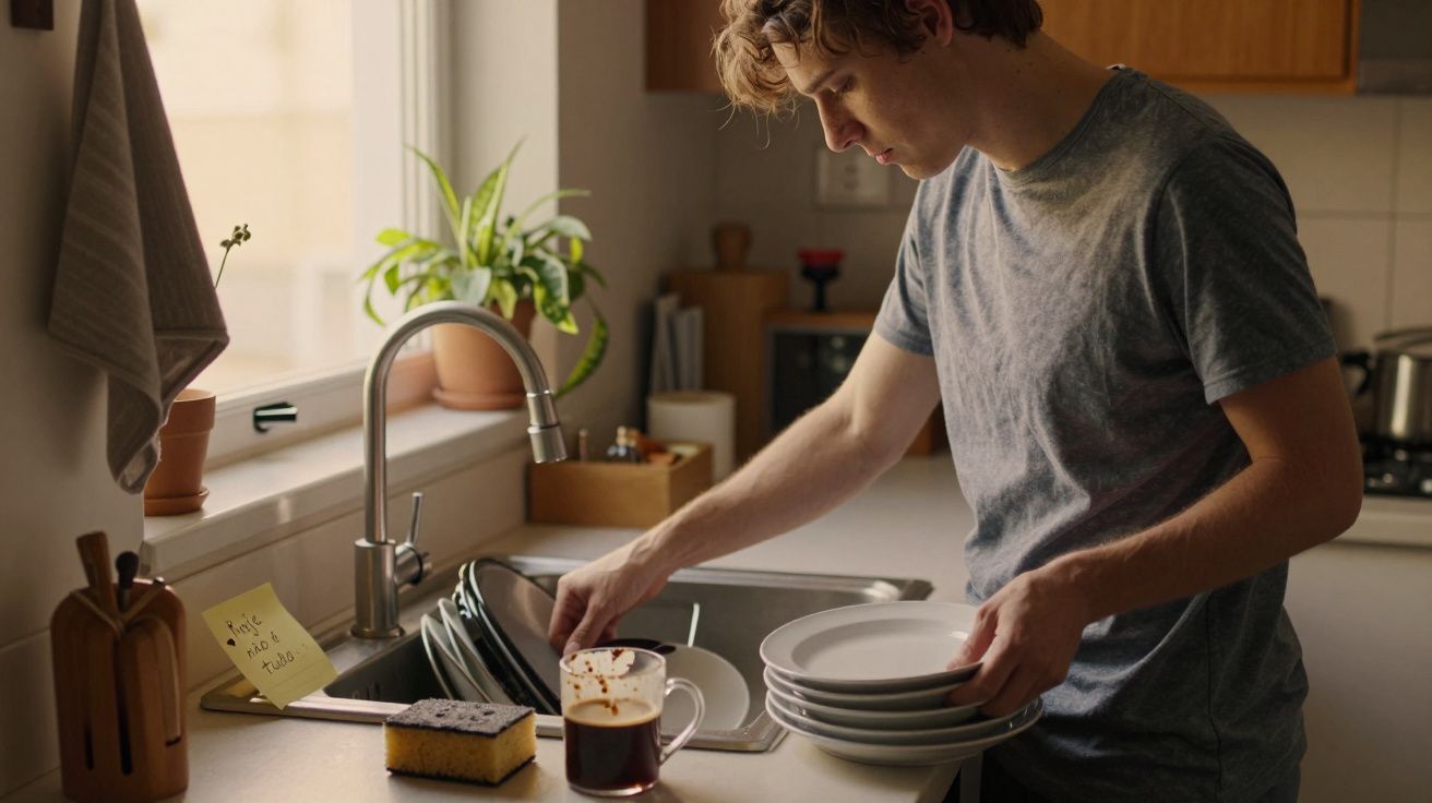 Jovem a lavar loiça na cozinha clara com plantas perto da janela e chávena de café na bancada.