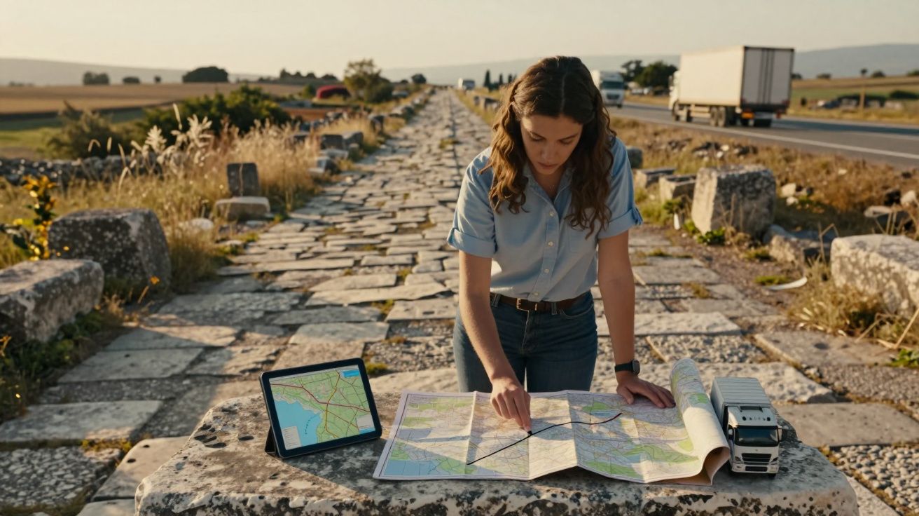 Mulher debruçada sobre mapa numa estrada antiga de pedra, com tablet e camioneta de brinquedo ao lado.