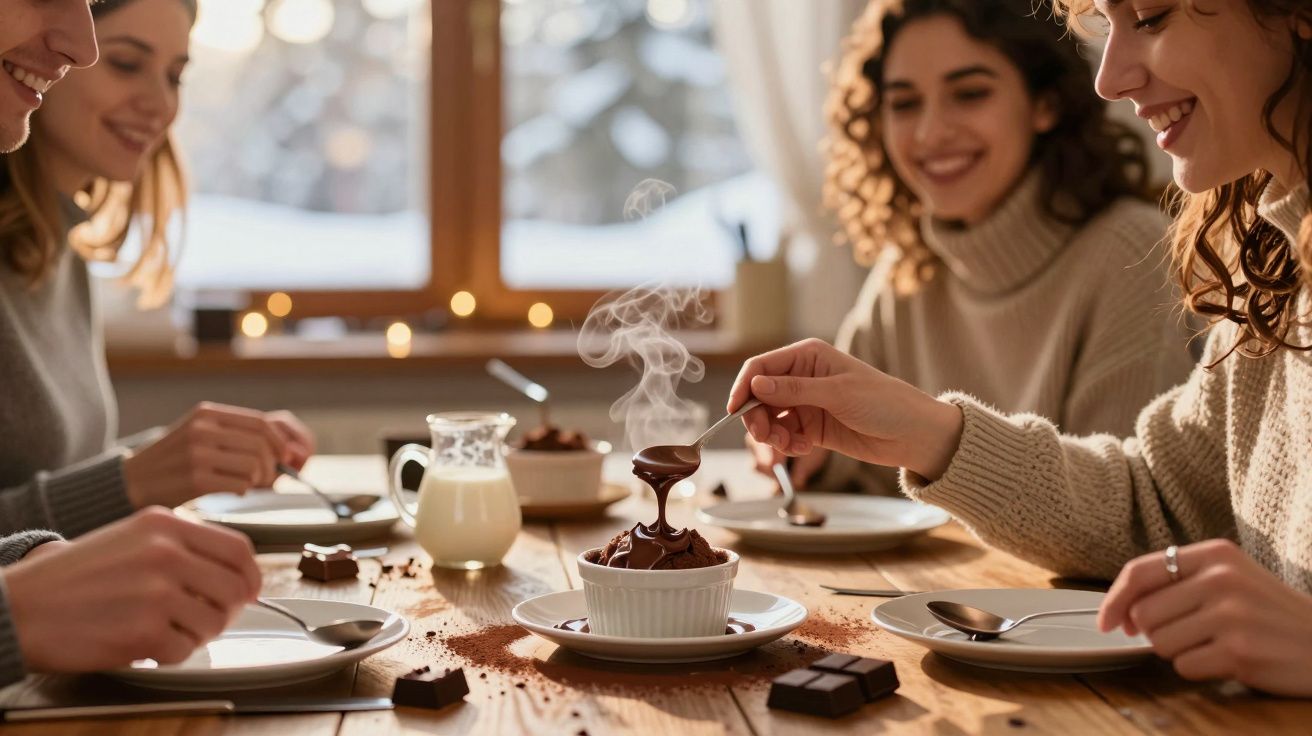 Grupo de amigas a saborear mousse de chocolate quente numa mesa de madeira iluminada pela luz natural.