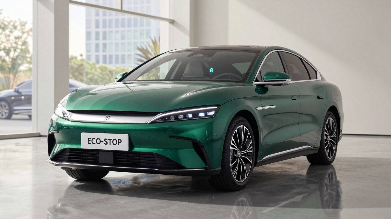 Carro elétrico verde metálico em exposição num espaço interior moderno, com painéis de vidro ao fundo.