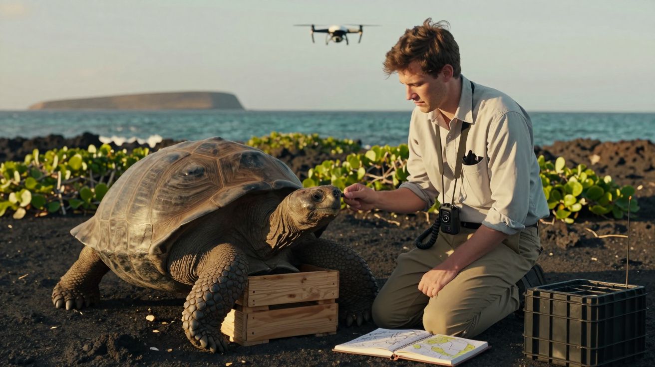 Homem alimenta tartaruga gigante numa praia rochosa com drone ao fundo e caderno aberto no chão.