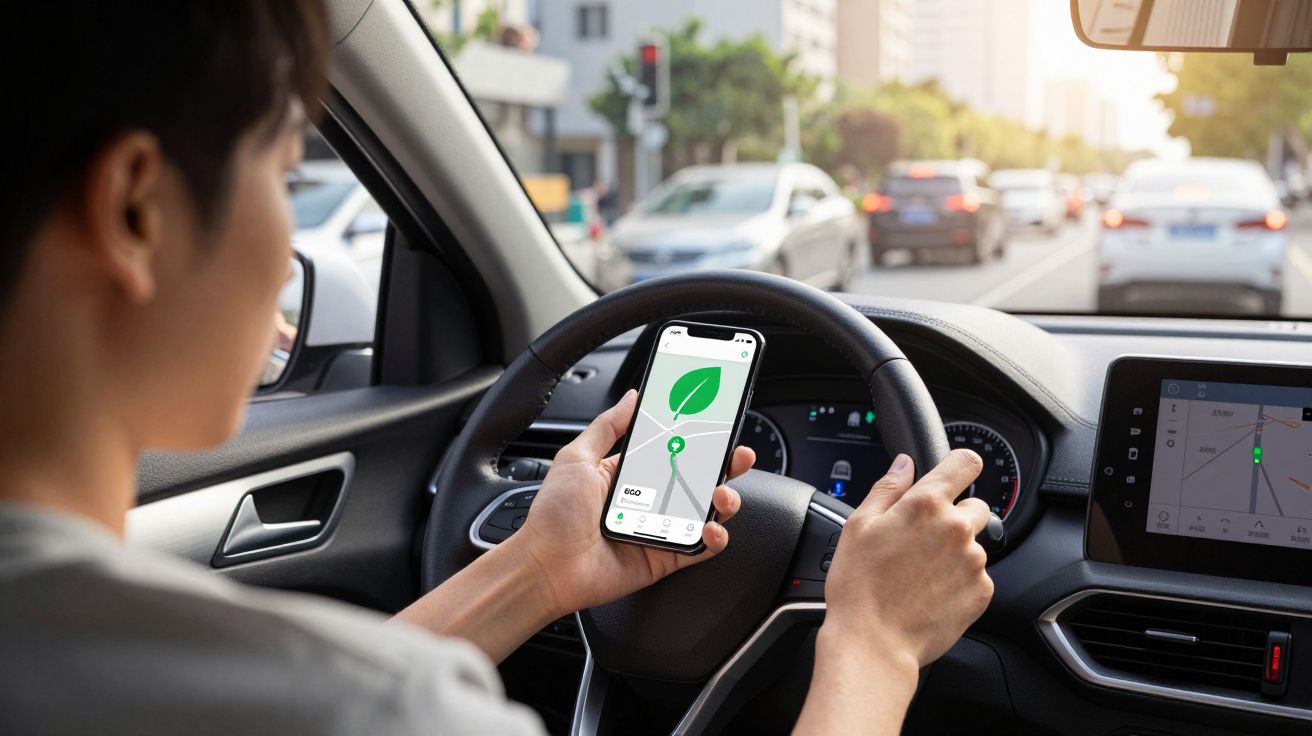 Pessoa ao volante consulta aplicação de navegação eco num smartphone dentro do carro no trânsito urbano.