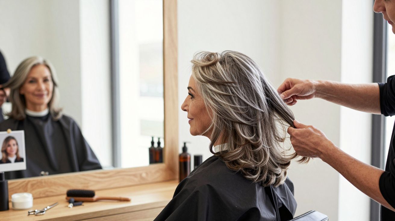 Mulher com cabelo grisalho a ser penteada num cabeleireiro, vendo-se o seu reflexo no espelho.