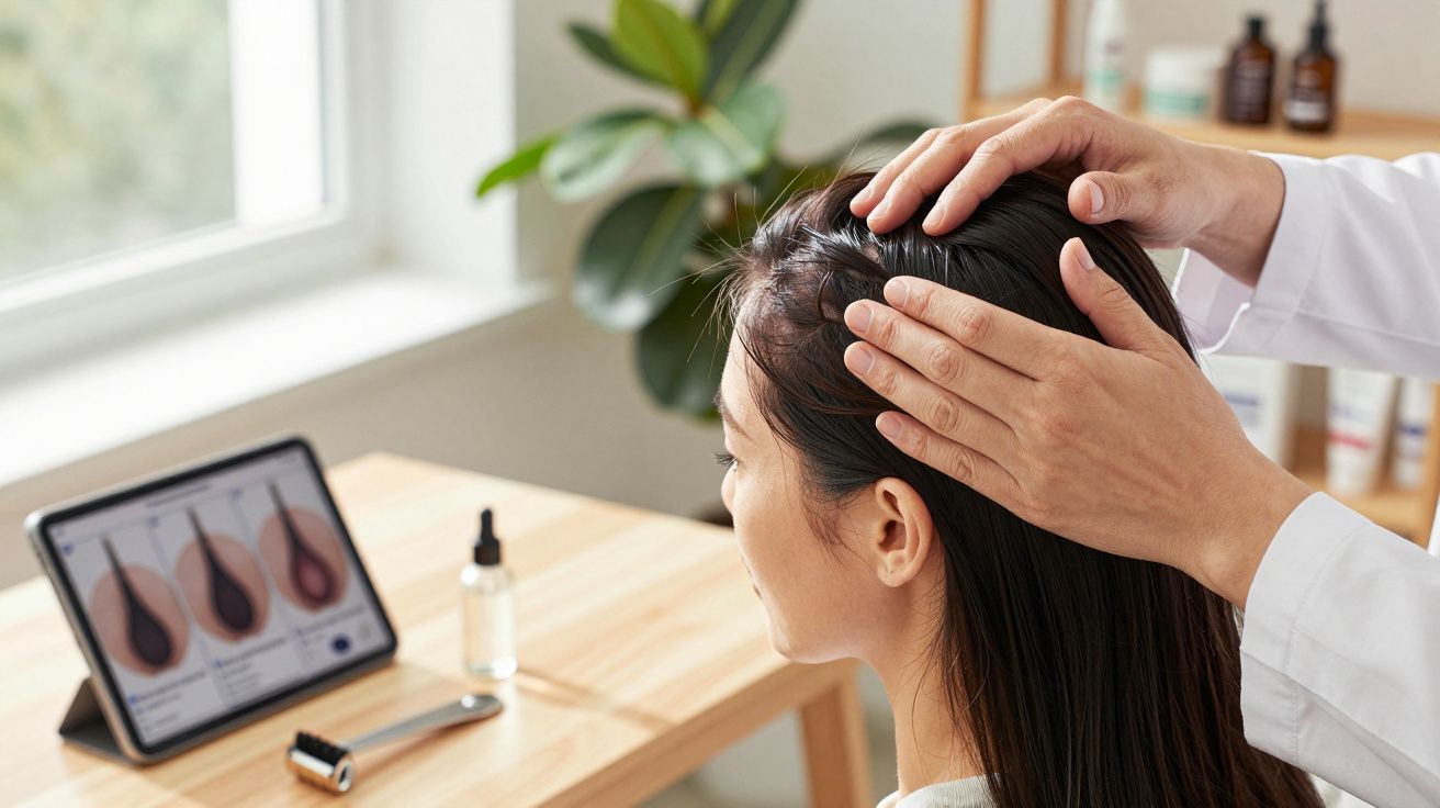Consulta capilar online com médico a examinar o couro cabeludo de mulher numa sala iluminada.