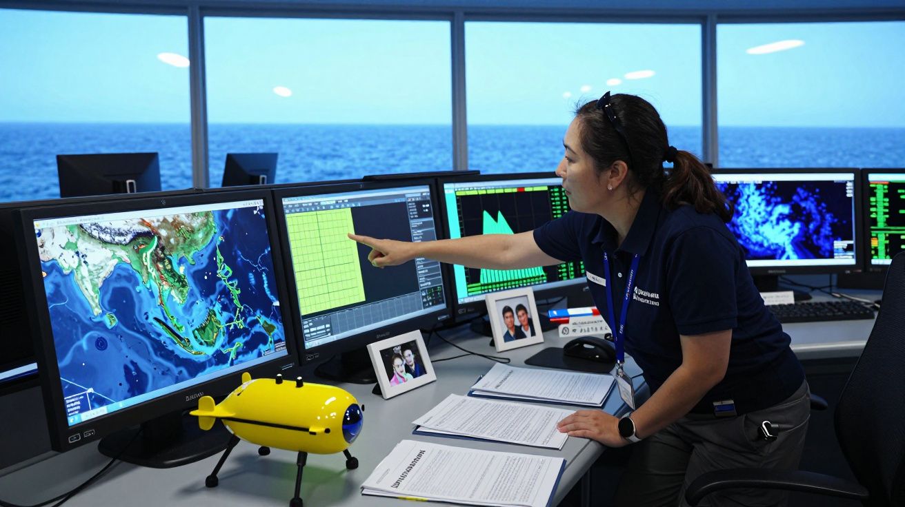 Mulher a trabalhar numa sala de controlo com vários ecrãs e modelo a amarelo de veículo subaquático.