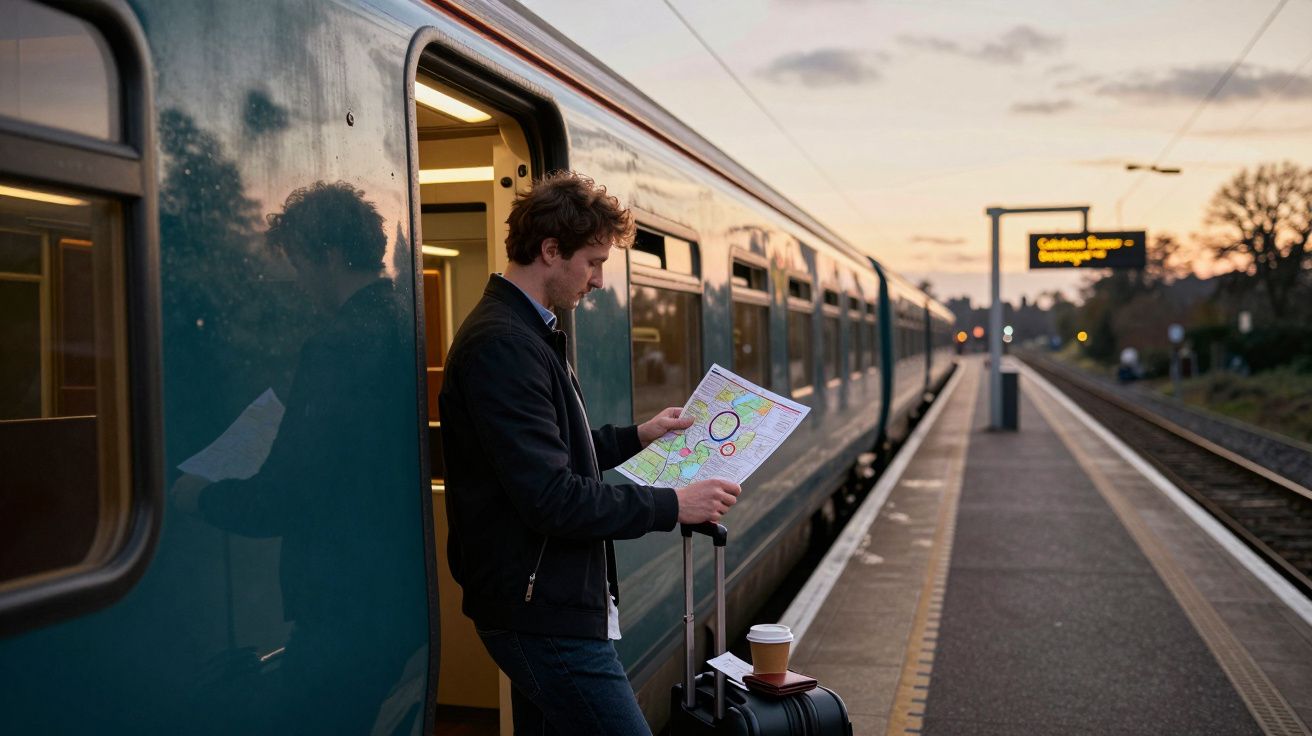 Homem jovem com mala de viagem a consultar mapa na plataforma junto a um comboio ao pôr do sol.