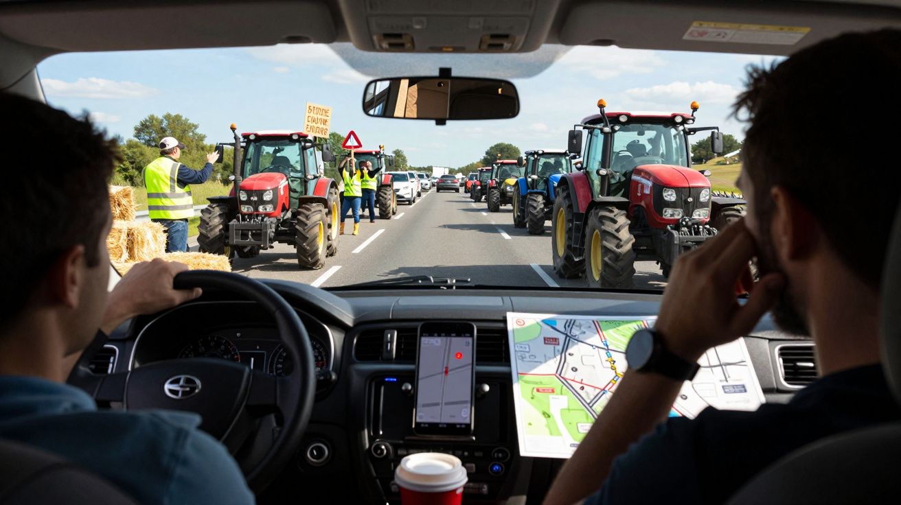 Dois homens dentro de um carro, diante de uma estrada bloqueada por tratores e manifestantes com coletes amarelos.