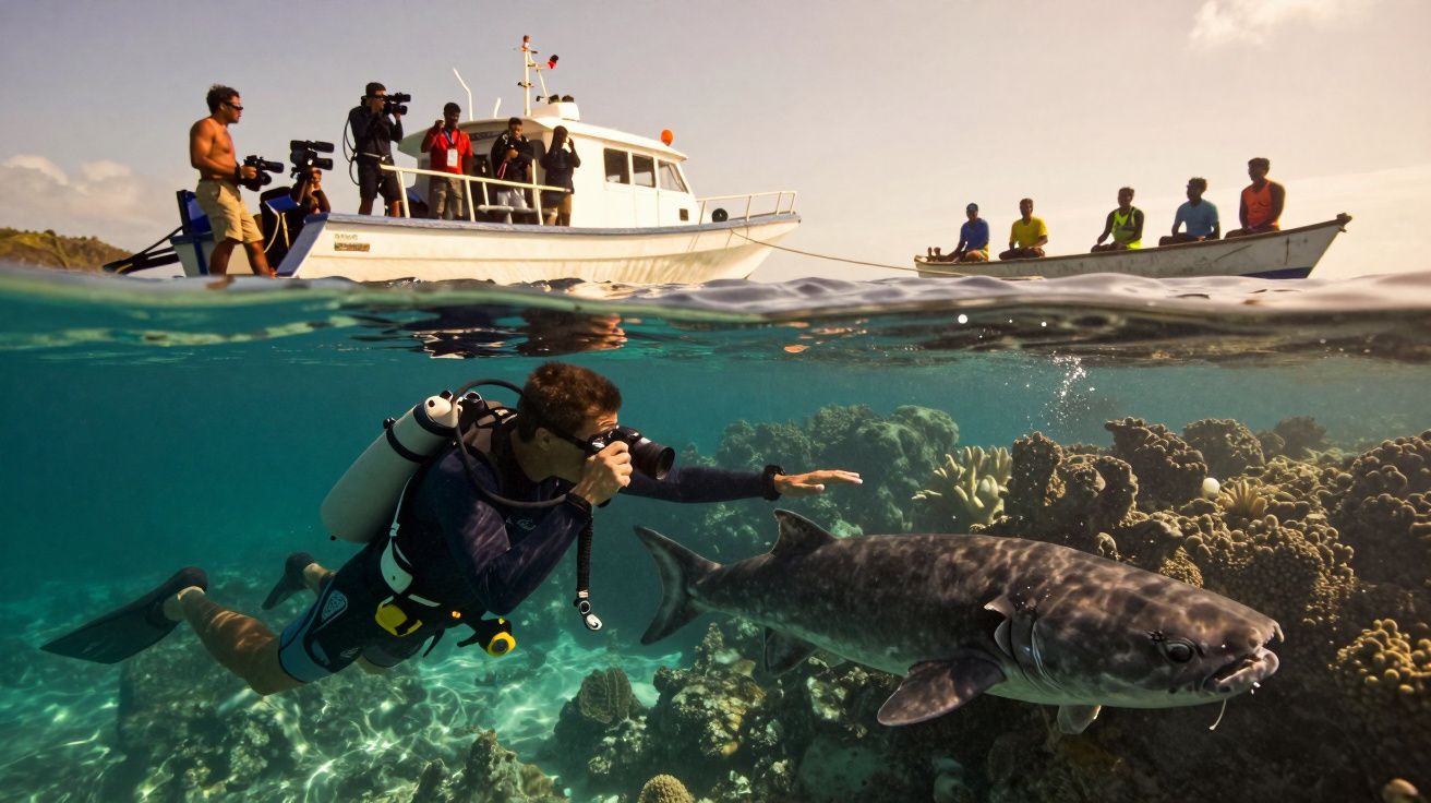 Mergulhador fotografa tubarão ao fundo de coral, com barcos e pessoas na superfície do mar.
