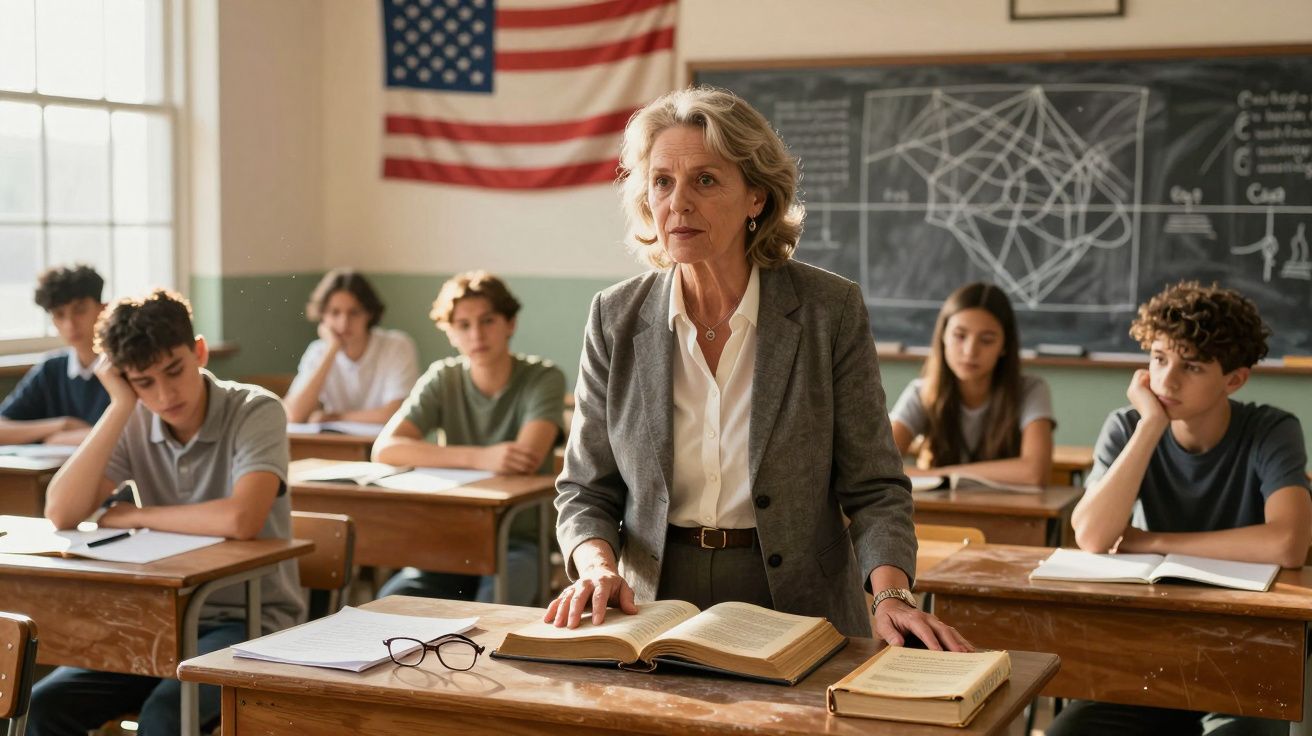 Professora em pé na sala de aula com alunos sentados, bandeira dos EUA e quadro negro ao fundo.