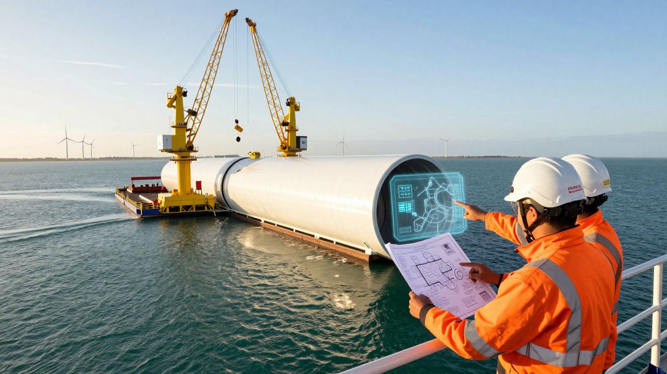 Dois engenheiros em coletes laranja verificam equipamento tecnológico num cais com torre de turbina eólica no mar.