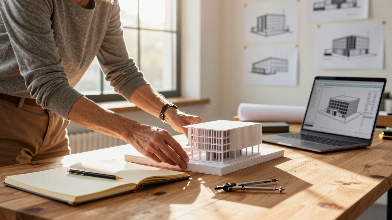 Pessoa a ajustar maquete de arquitetura num escritório com computador e desenhos técnicos numa mesa de madeira.