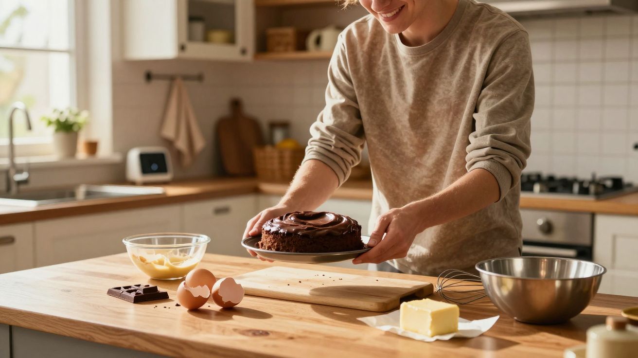 Pessoa a colocar bolo de chocolate num prato numa cozinha com ingredientes e utensílios sobre o balcão.