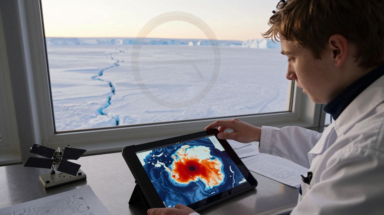 Homem de branco analisa dados meteorológicos num tablet, com vista para paisagem gelada e fissura em gelo.