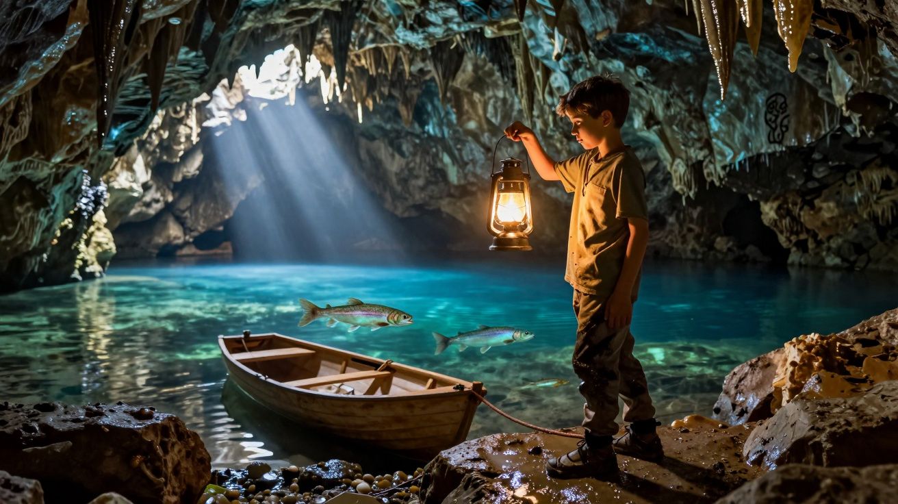 Criança com lanterna junto a lago azul numa caverna, com barco e peixes a nadar na água cristalina.