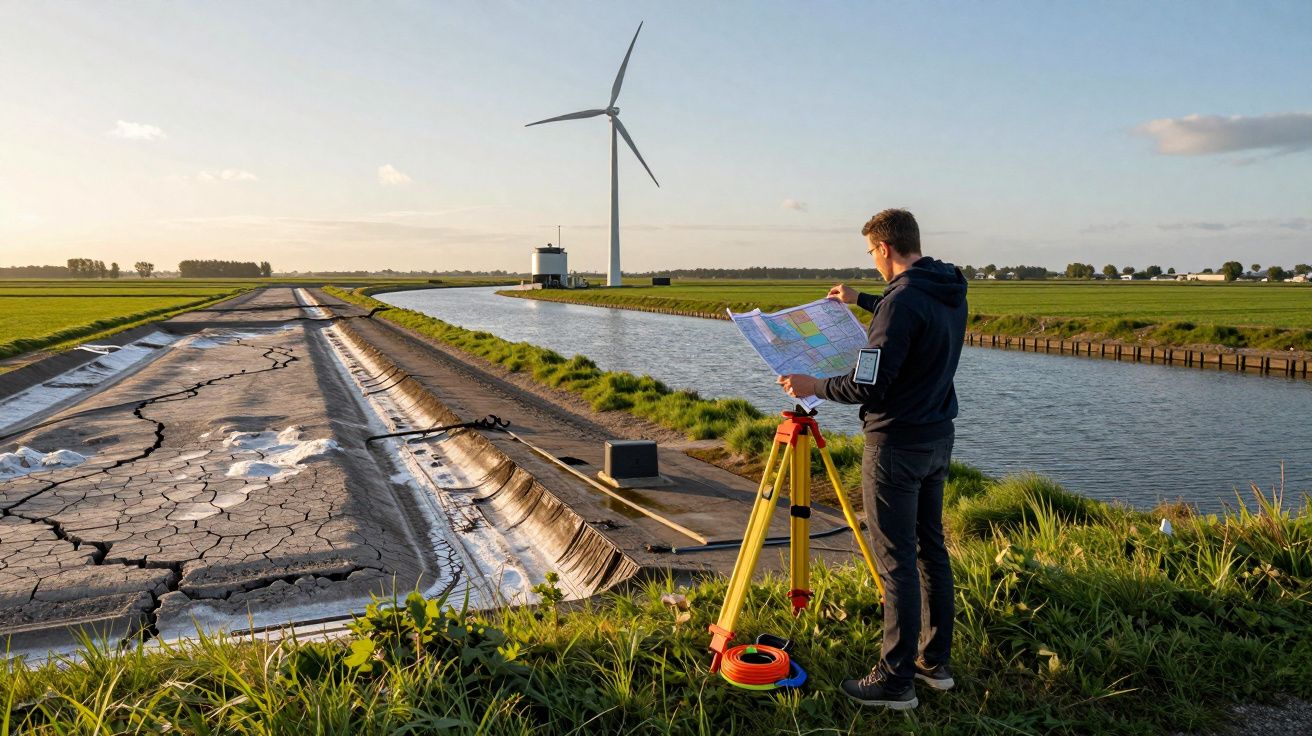 Homem a usar mapa junto a canal e turbina eólica num campo rural ao pôr do sol.