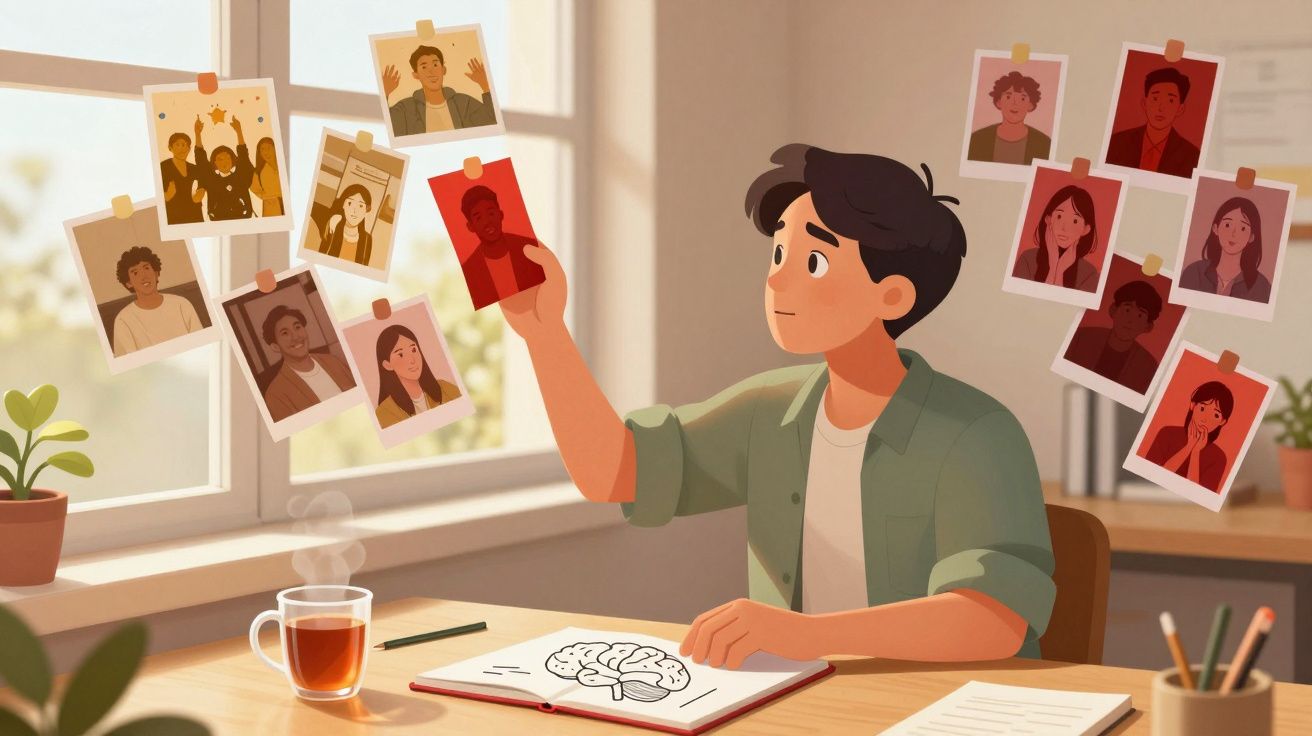 Pessoa a olhar fotografias presas numa parede enquanto estuda desenho de cérebro num caderno numa secretária.