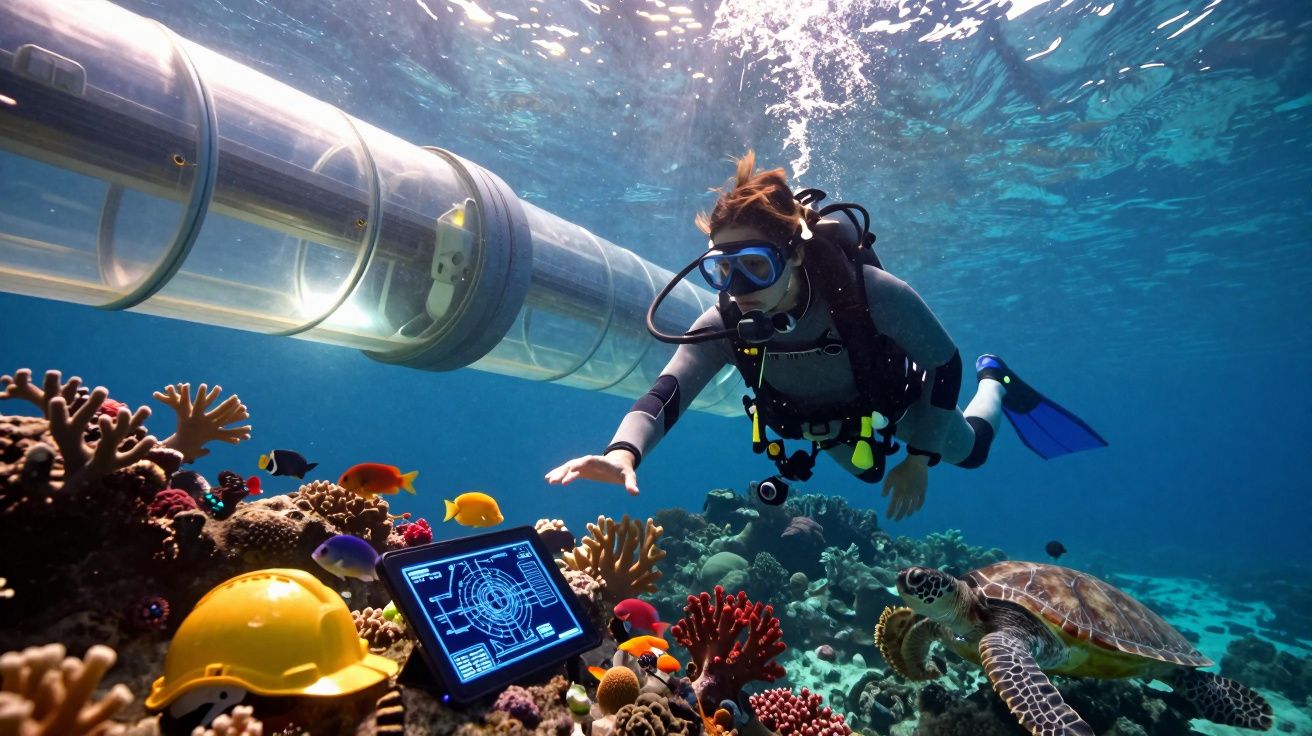 Mergulhadora explora recife de coral com tartaruga, peixes coloridos e equipamento tecnológico subaquático.