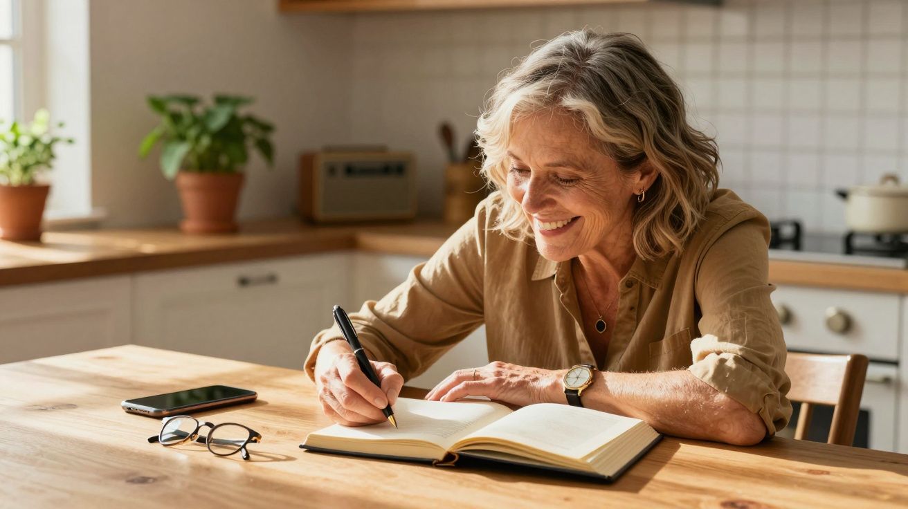 Mulher sorridente a escrever num caderno sentado à mesa de madeira numa cozinha iluminada.