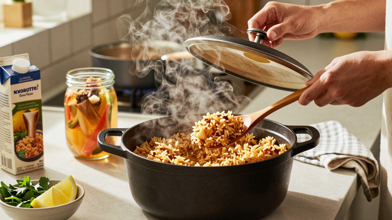 Pessoa a servir arroz quente de tacho preto na cozinha, com vapor a sair e ingredientes ao lado na bancada.