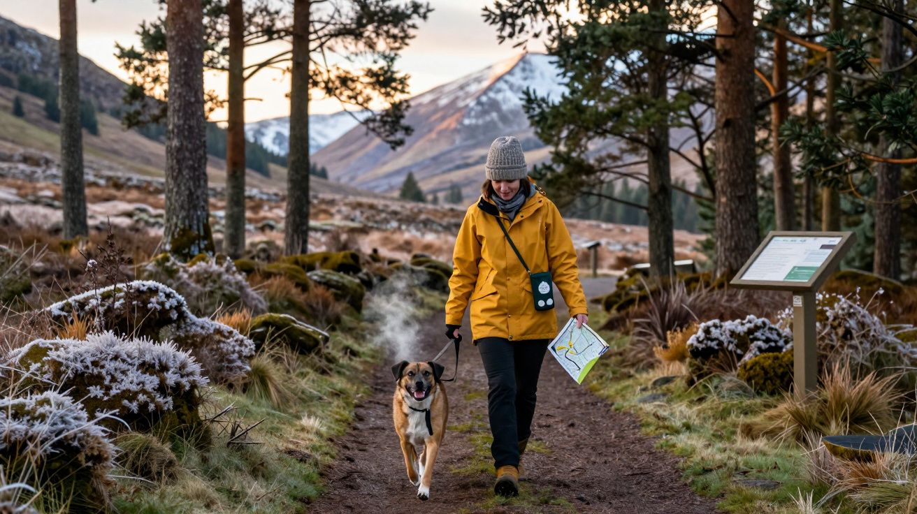 Pessoa com casaco amarelo e gorro cinzento a caminhar com cão numa floresta gelada, segurando um mapa.
