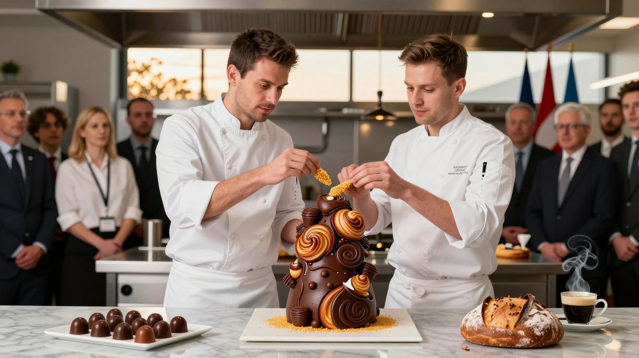Dois chefs a decorar bolo de chocolate artístico numa cozinha profissional com pessoas a assistir ao fundo.