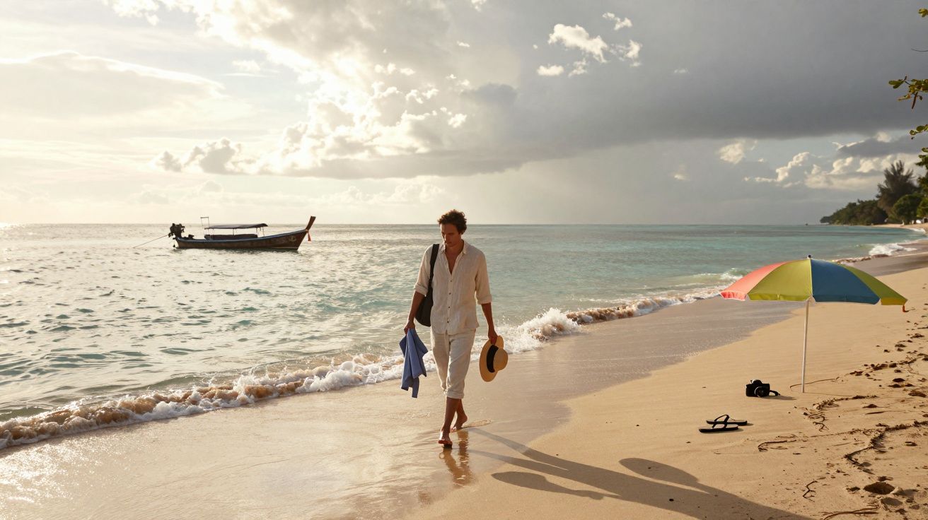 Homem de camisa branca a pé descalço na areia da praia ao entardecer, com barco ao longe e guarda-sol colorido.