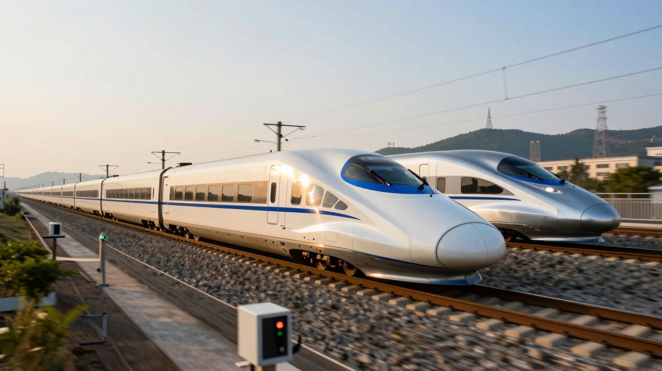 Dois comboios de alta velocidade brancos a circular em linhas paralelas ao pôr do sol.