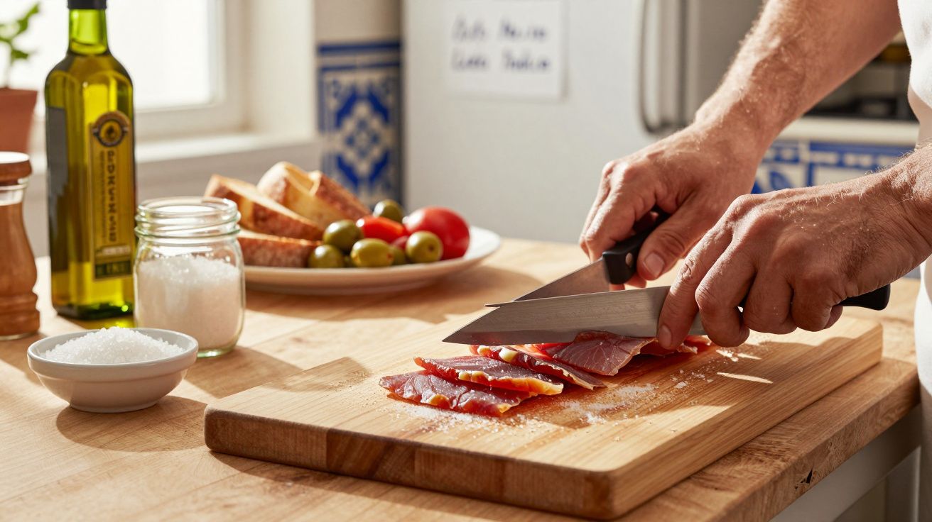 Pessoa a cortar fatias finas de presunto num tábua de madeira numa cozinha com azeite e ingredientes ao fundo.