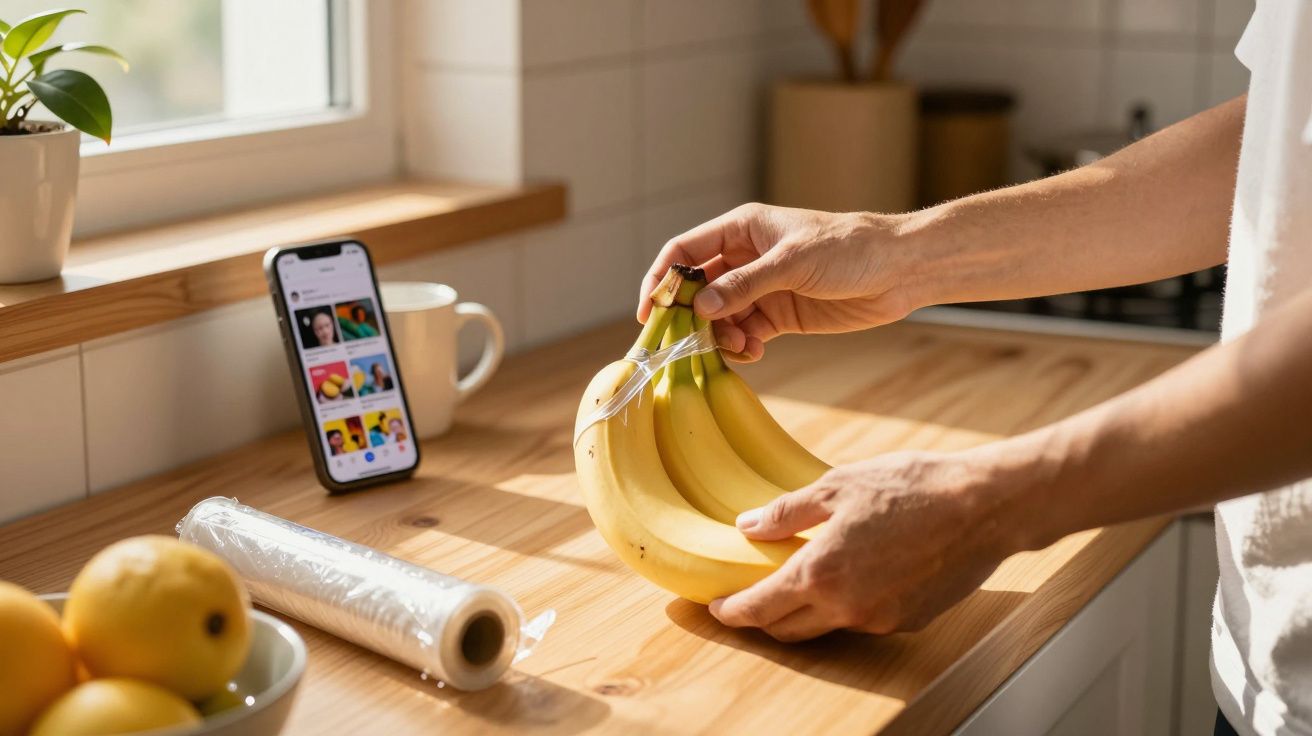 Pessoa a envolver cachos de bananas com película aderente numa cozinha iluminada.