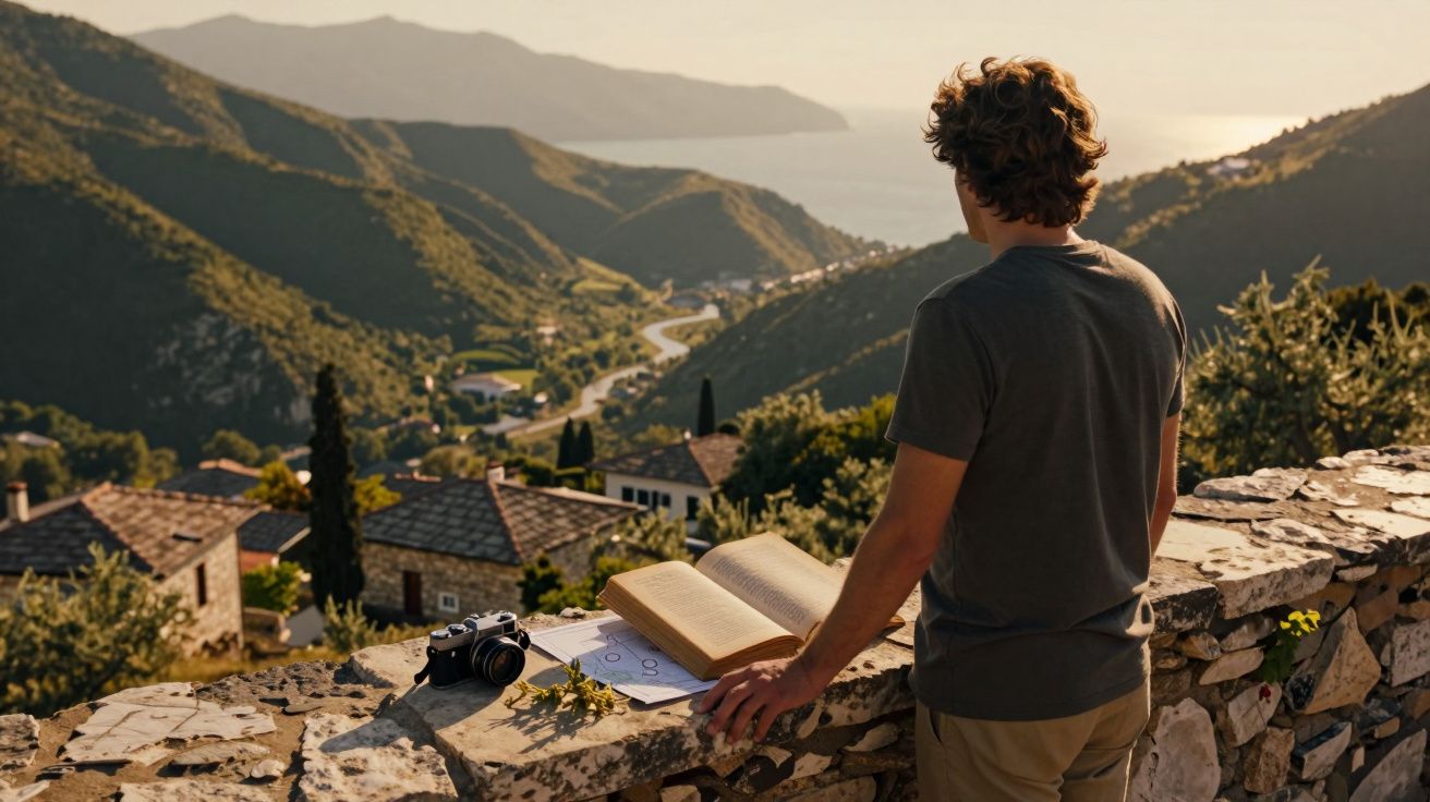 Homem de costas lendo livro encostado num muro com vista para aldeia e montanhas ao entardecer.