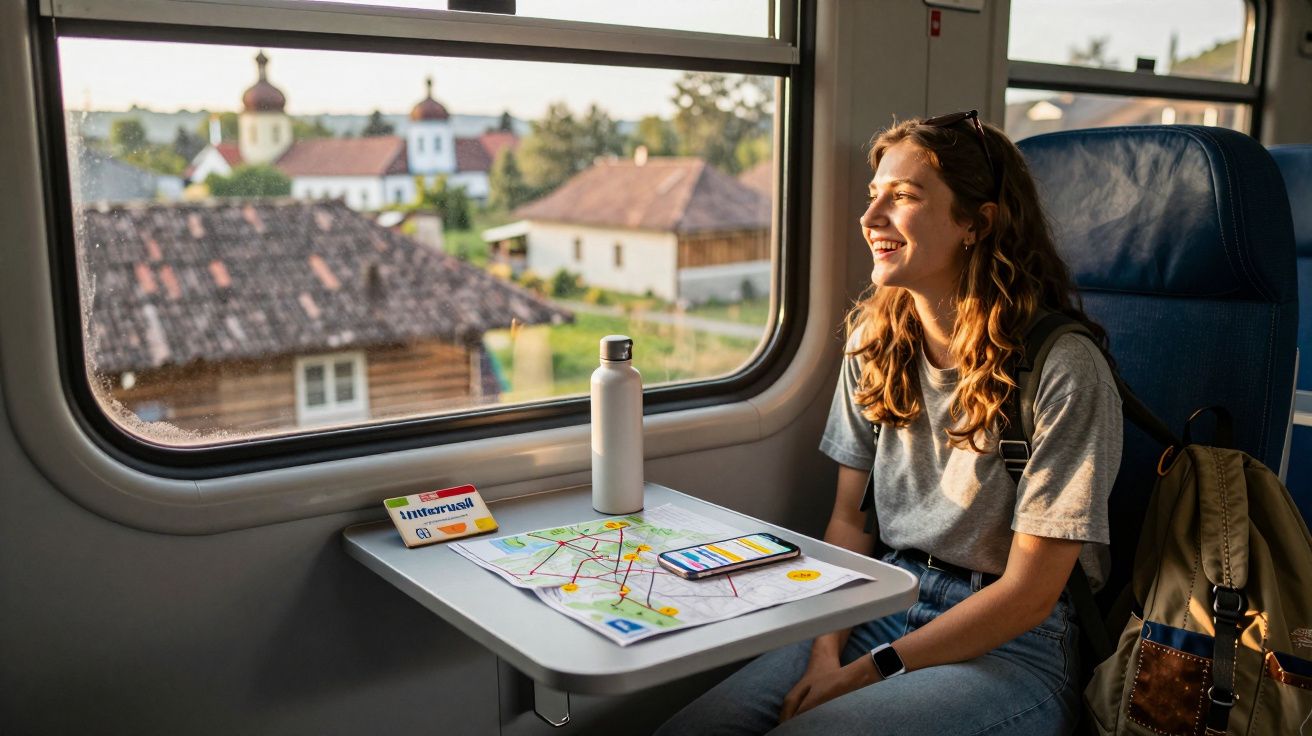 Mulher sorridente sentada num comboio a olhar pela janela com mapa e smartphone na mesa à frente.