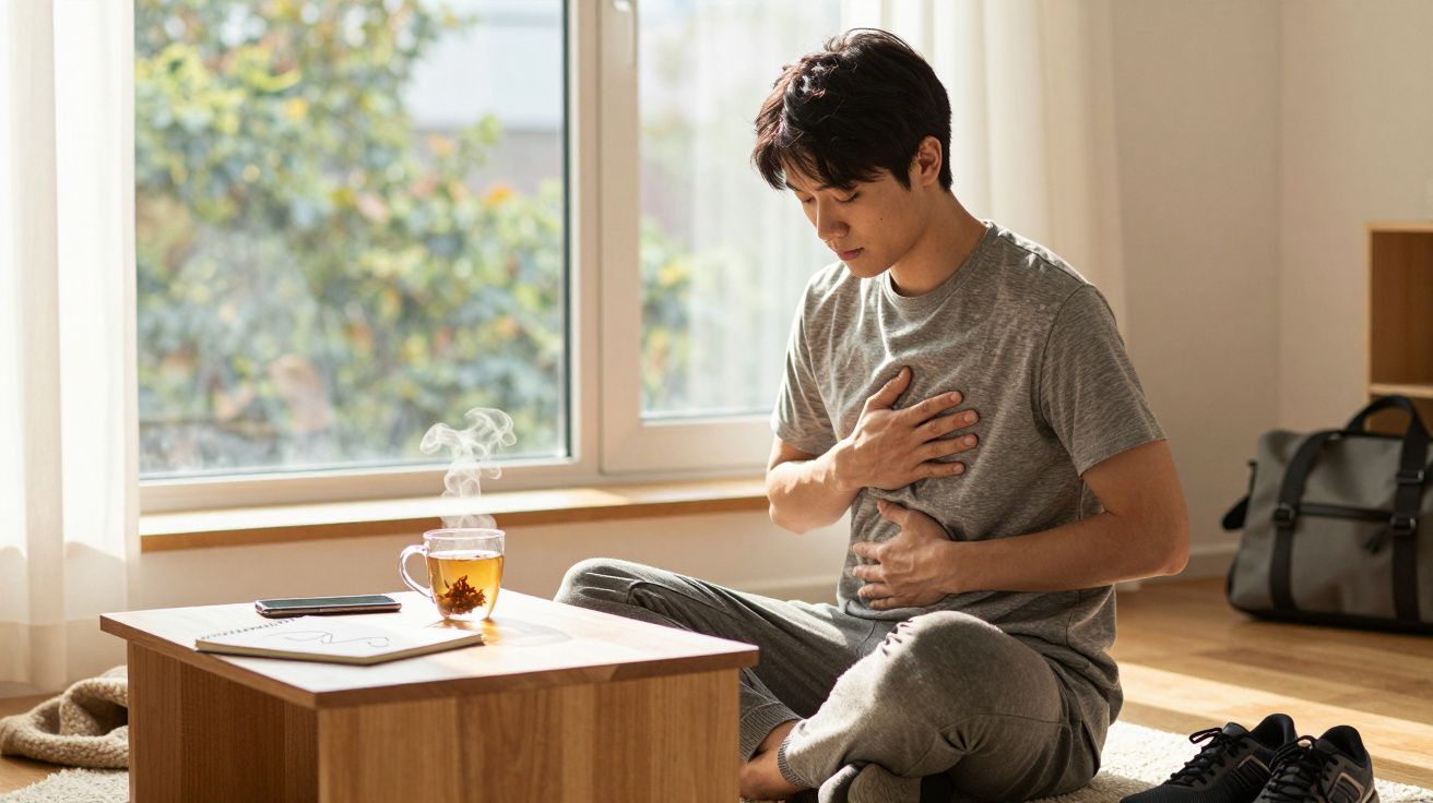 Homem sentado no chão em casa, com expressão de dor e mãos no peito e estômago, ao lado de chá quente numa mesa baixa.