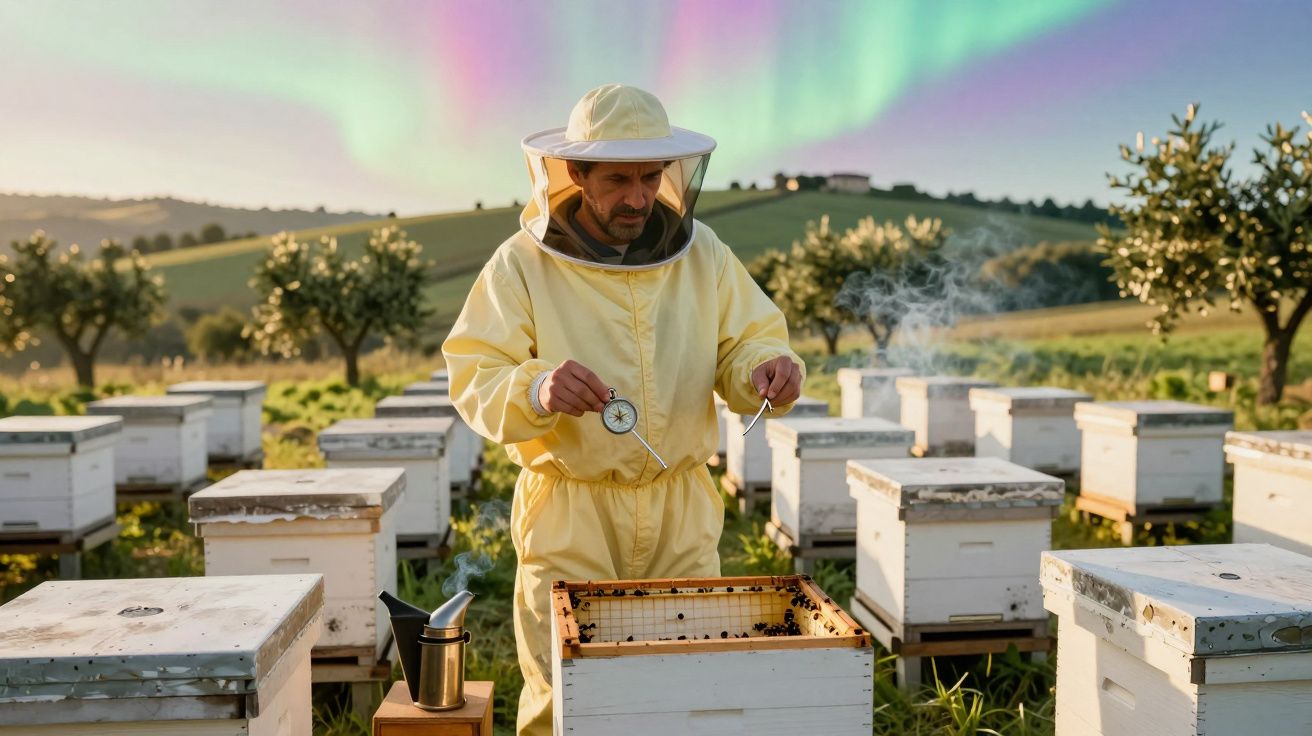 Apicultor com fato protetor inspeciona colmeia com instrumento fumegante num campo ao pôr do sol.