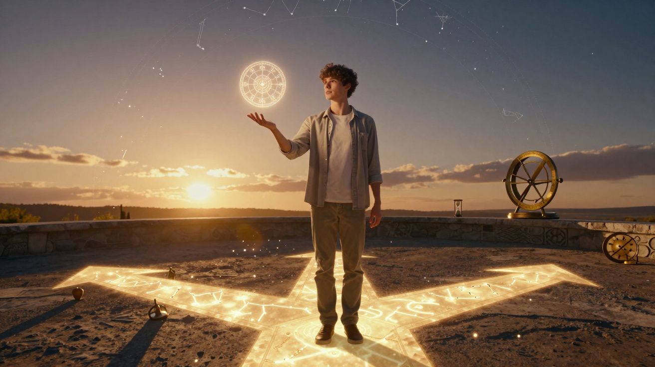 Jovem em cenário ao pôr do sol segurando símbolo astrológico iluminado, rodeado por desenhos de constelações.